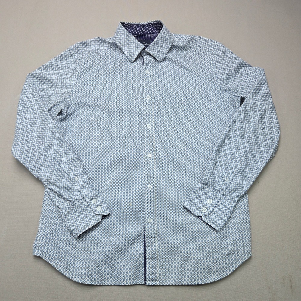 Robert Graham Shirt Geometric Floral Long Sleeve White Blue Mens 15 1/2 34/35 M